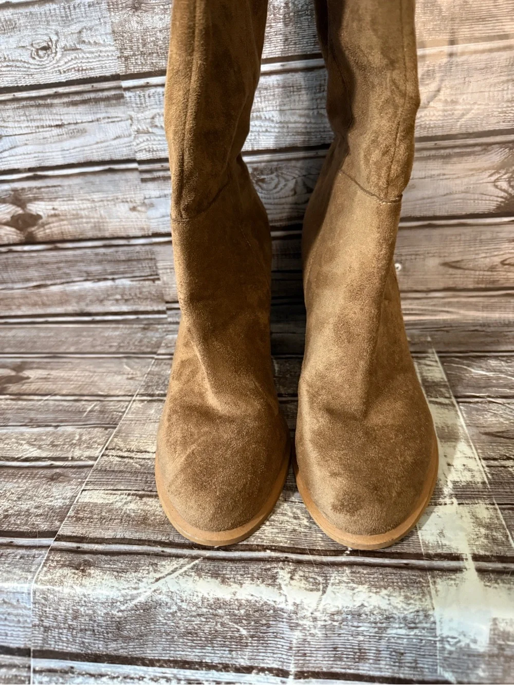 Over-the-Knee Suede Block Heel Boots - Tan